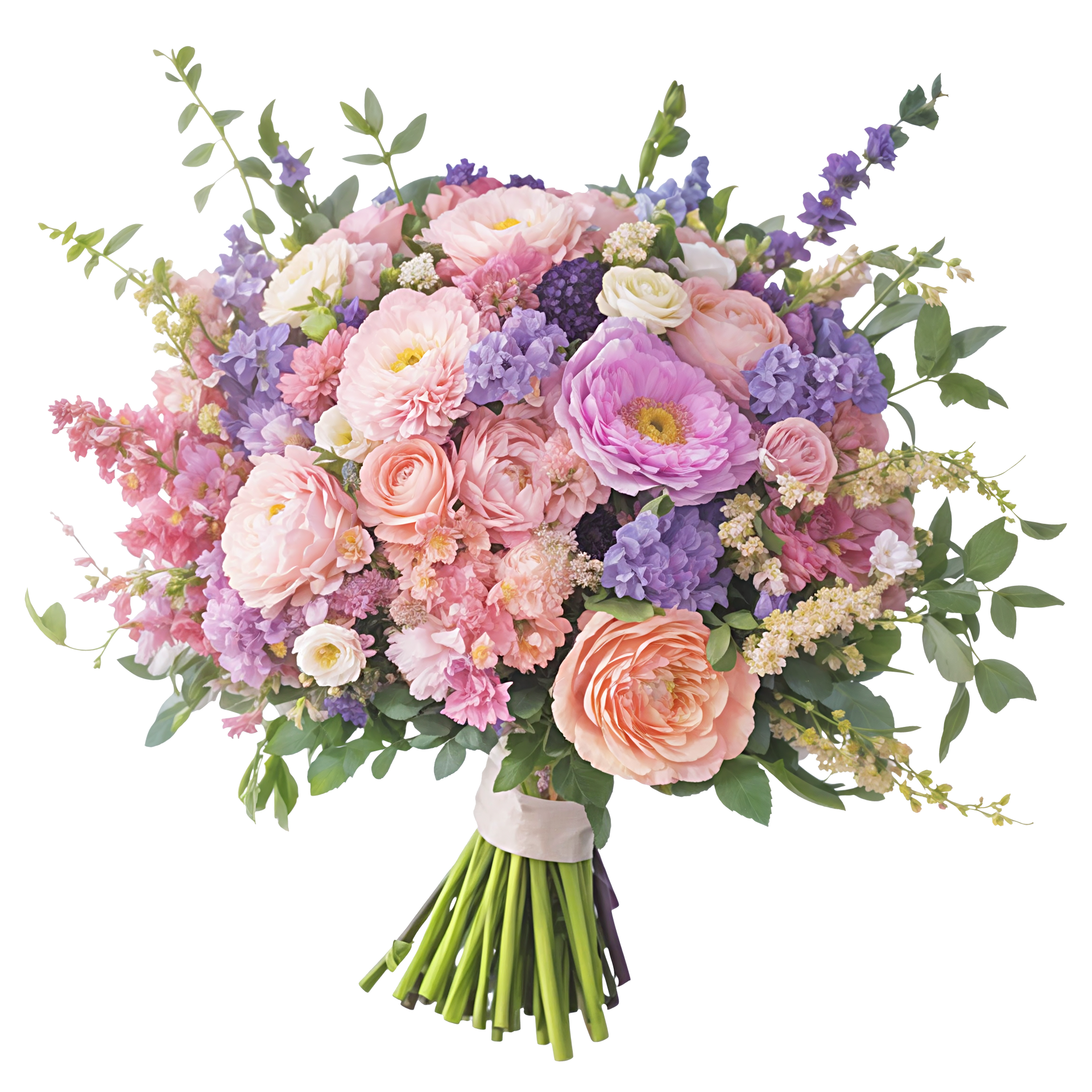 Bouquet de fleurs roses, pêche, violettes et blanches, enveloppé d'un ruban.