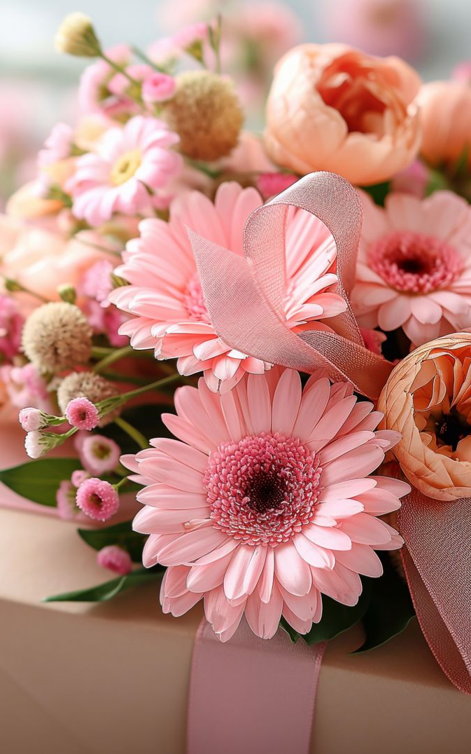 Gerberas roses et tulipes dans une composition florale avec un ruban assorti.