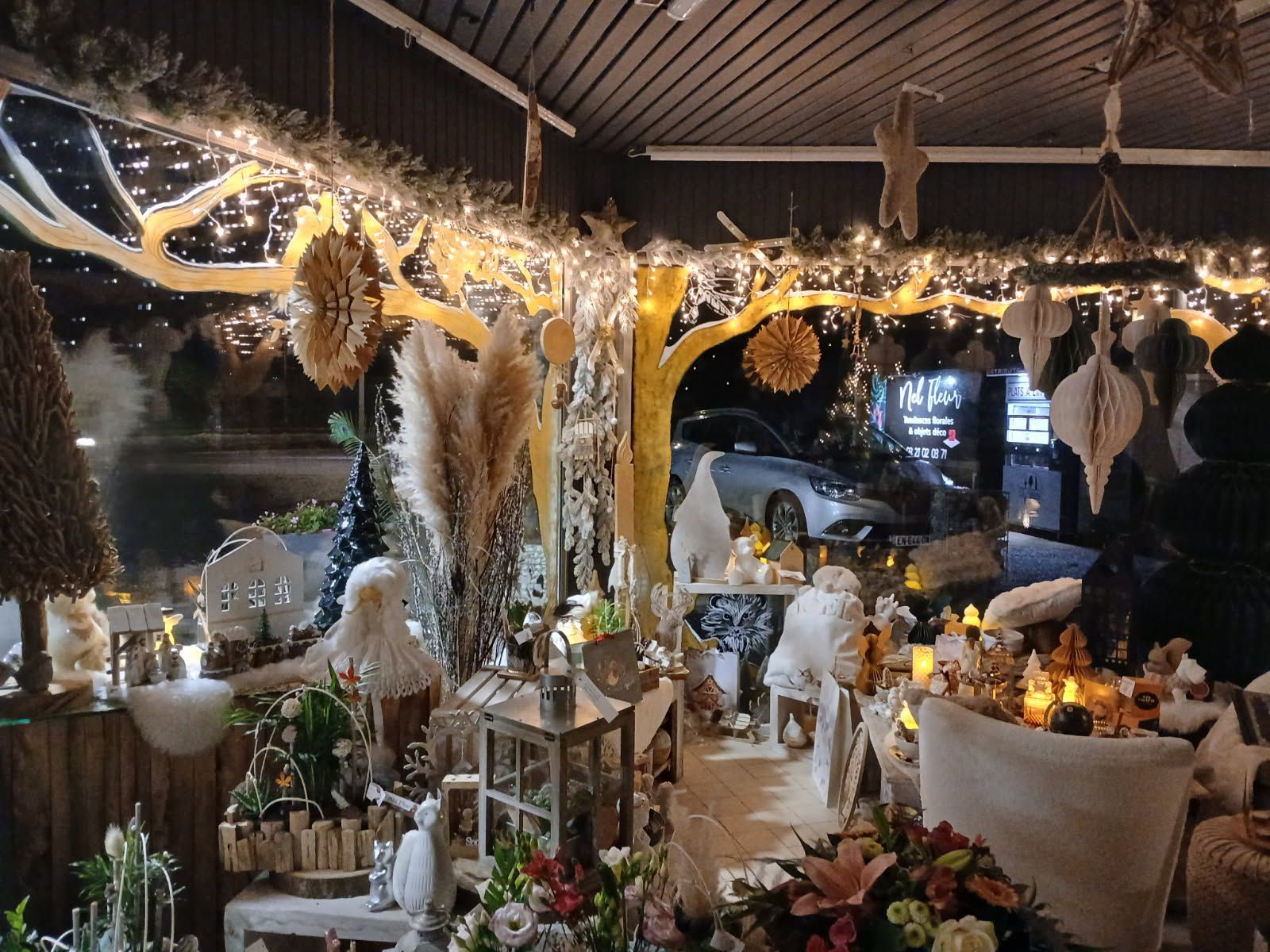 Devanture de magasin sur le thème de Noël avec des lumières, des décorations et une voiture en arrière-plan.