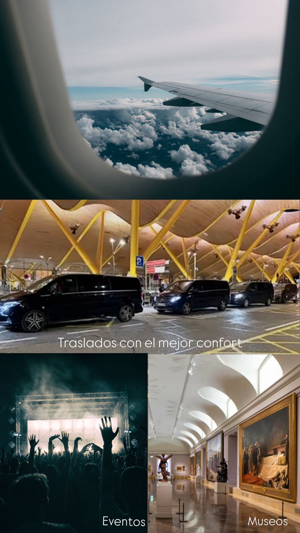 Arriba: Ala de avión y nubes. Centro: Furgonetas en el aeropuerto. Abajo: Público en un concierto y galería de arte.