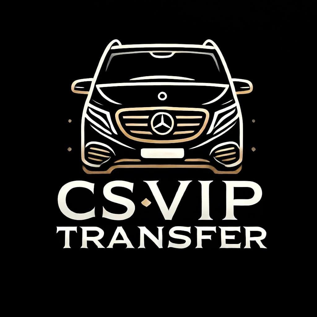 Logotipo para CS VIP Transfer: una camioneta Mercedes-Benz con contorno dorado sobre "CS VIP TRANSFER" en texto blanco sobre fondo negro.