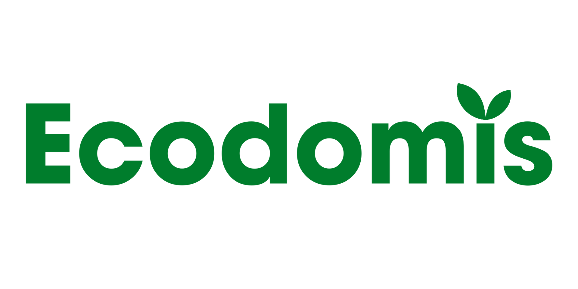 Logotipo verde: una casa con una ventana, flanqueada por hojas, la palabra "Ecodomis" debajo.