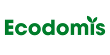 Logotipo verde: una casa con una ventana, flanqueada por hojas, la palabra "Ecodomis" debajo.