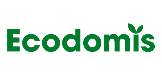 Logotipo verde: una casa con una ventana, flanqueada por hojas, la palabra "Ecodomis" debajo.
