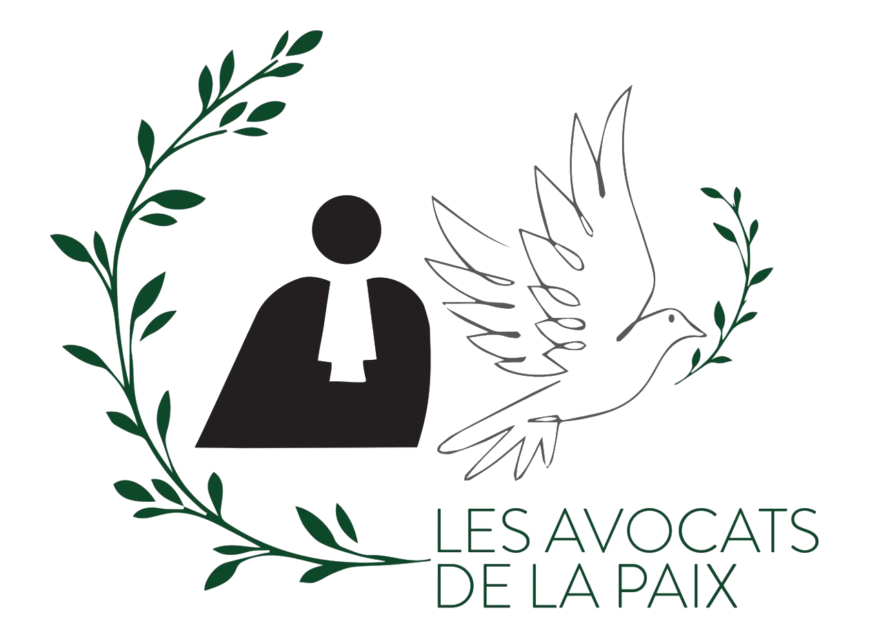 Logo : Avocat en robe, colombe avec rameau d’olivier, entouré de feuilles. Texte français : « Les Avocats de la Paix ».