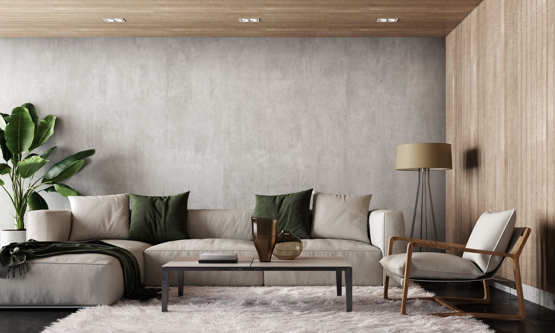 Salon meublé avec un revêtement mural gris
