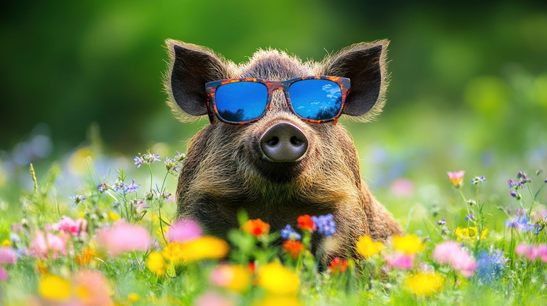 Sanglier dans un champ de fleur avec lunettes de soleil