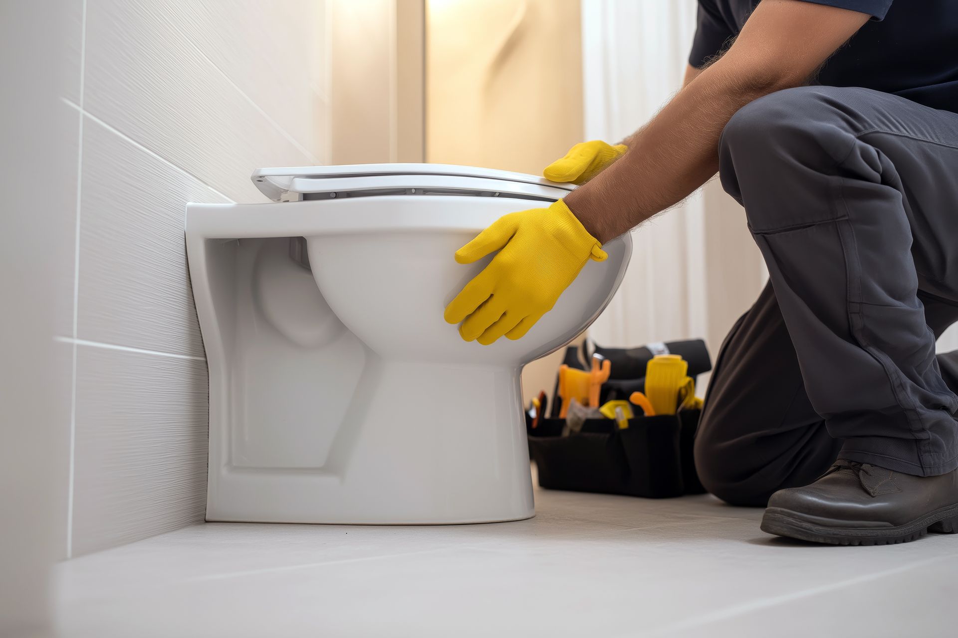 Une personne portant des gants jaunes installe des toilettes blanches dans une salle de bains.