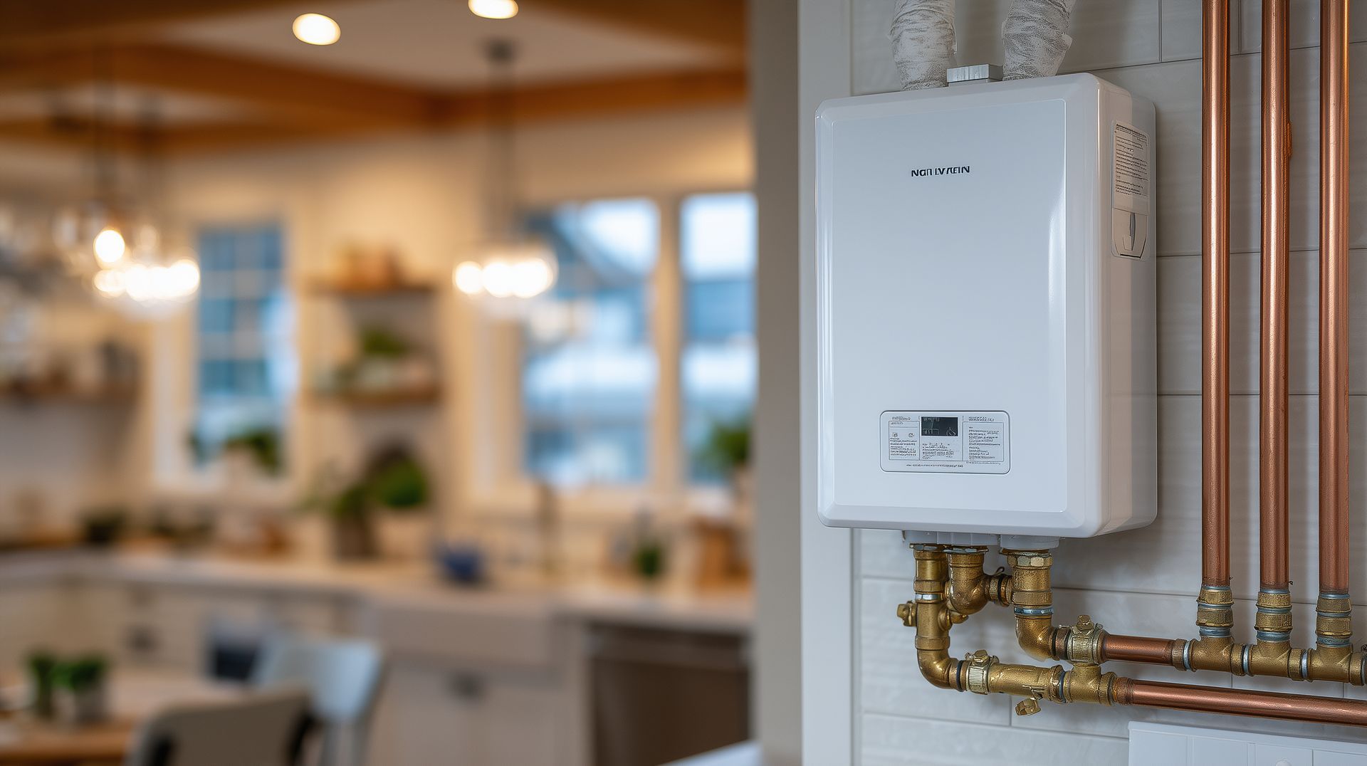 Chauffe-eau instantané blanc fixé au mur avec des tuyaux en cuivre dans une maison.