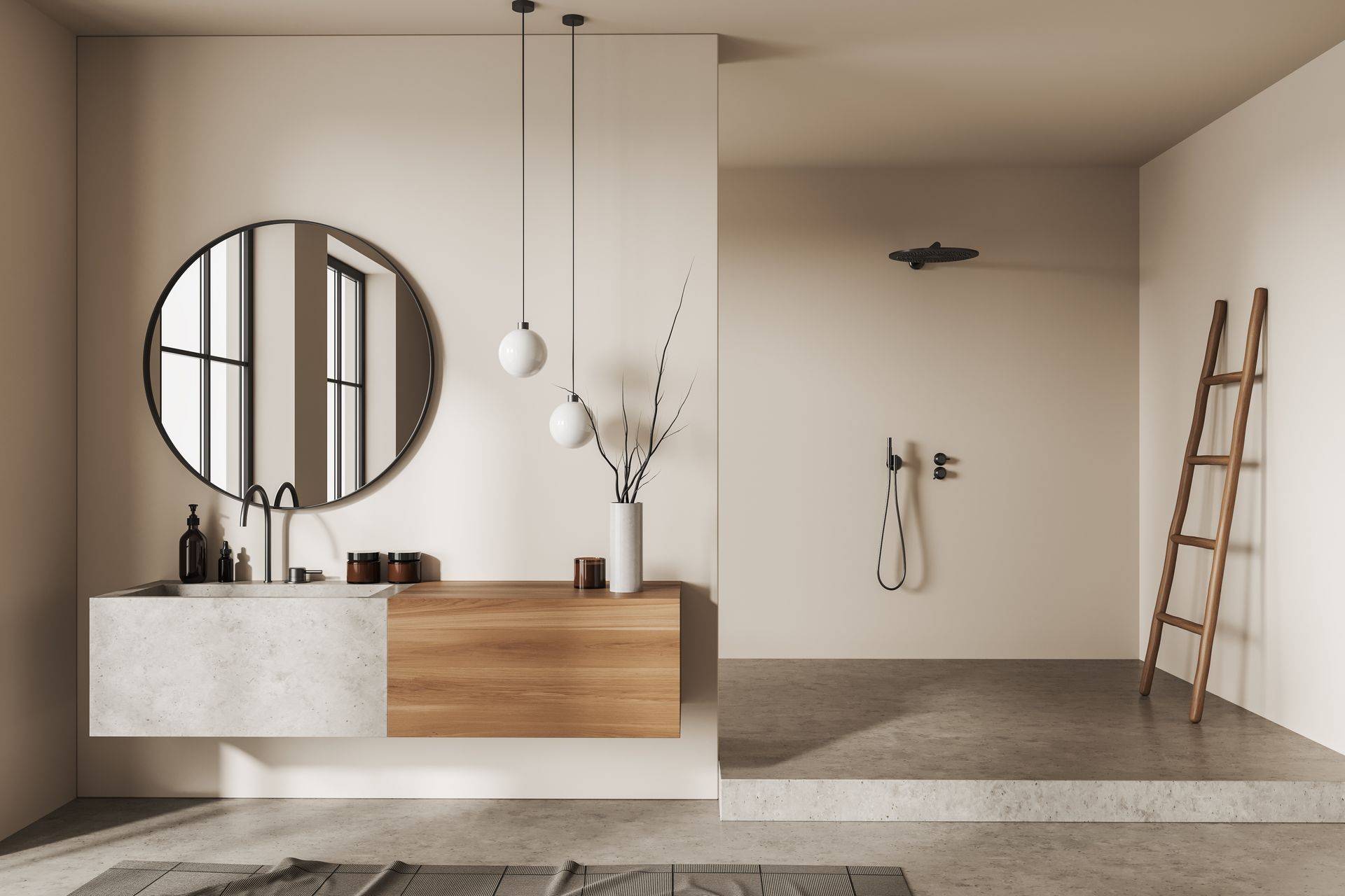 Salle de bains moderne avec miroir rond, meuble lavabo suspendu et douche avec échelle en bois.