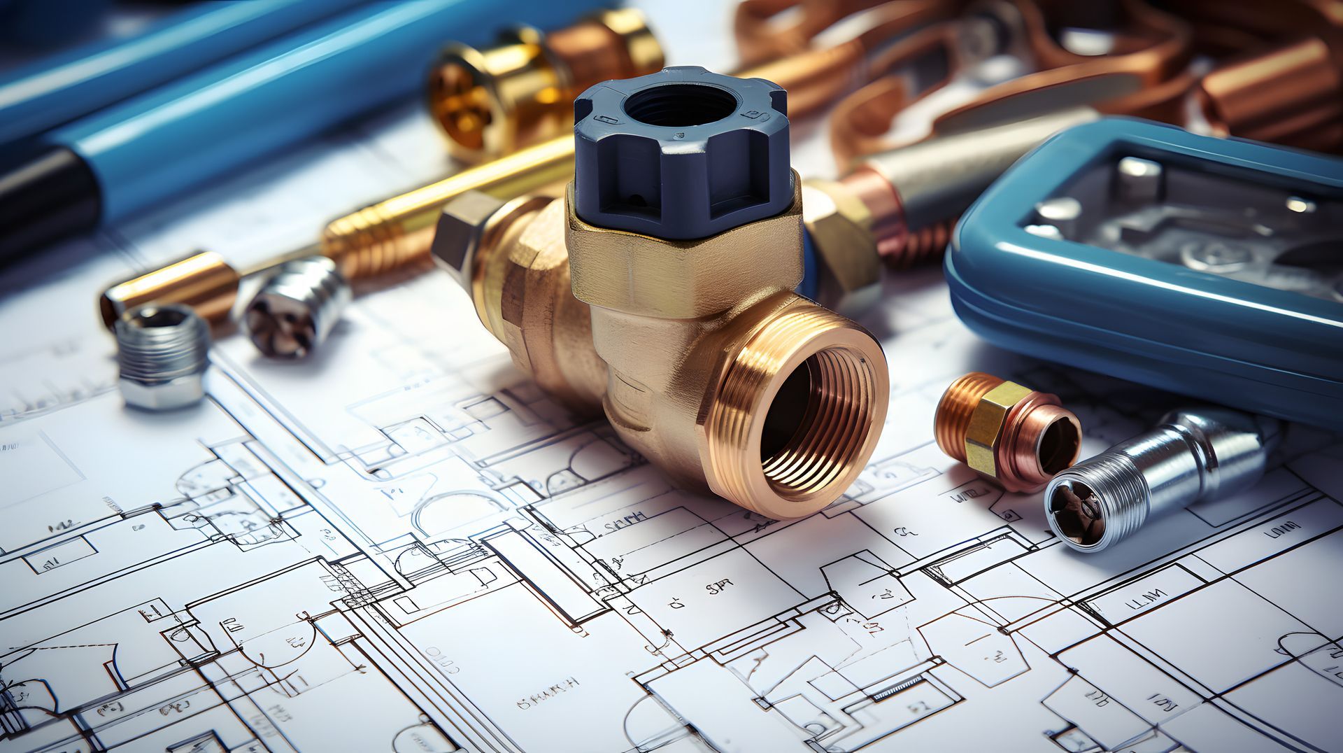 Robinet en laiton et raccords de plomberie sur un plan.