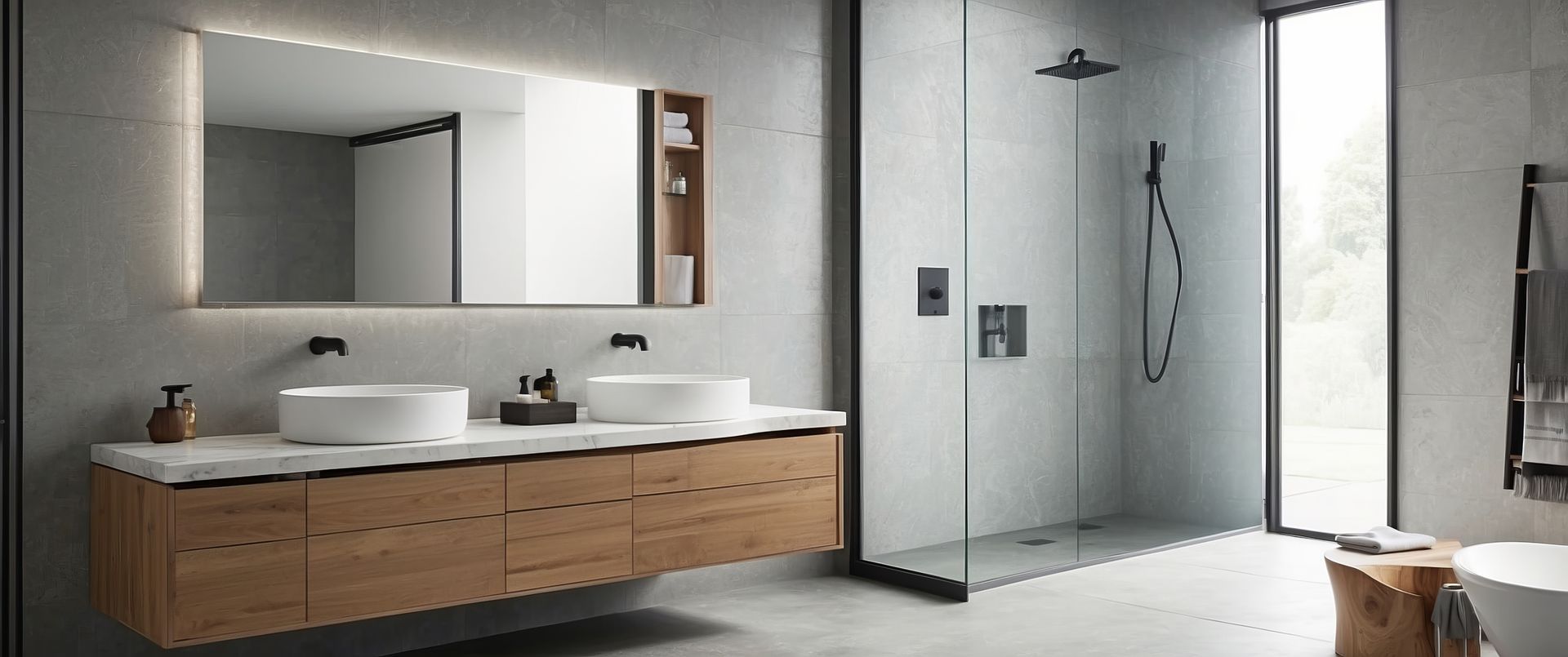 Salle de bains moderne avec meuble lavabo en bois, deux vasques, grand miroir et douche en verre.