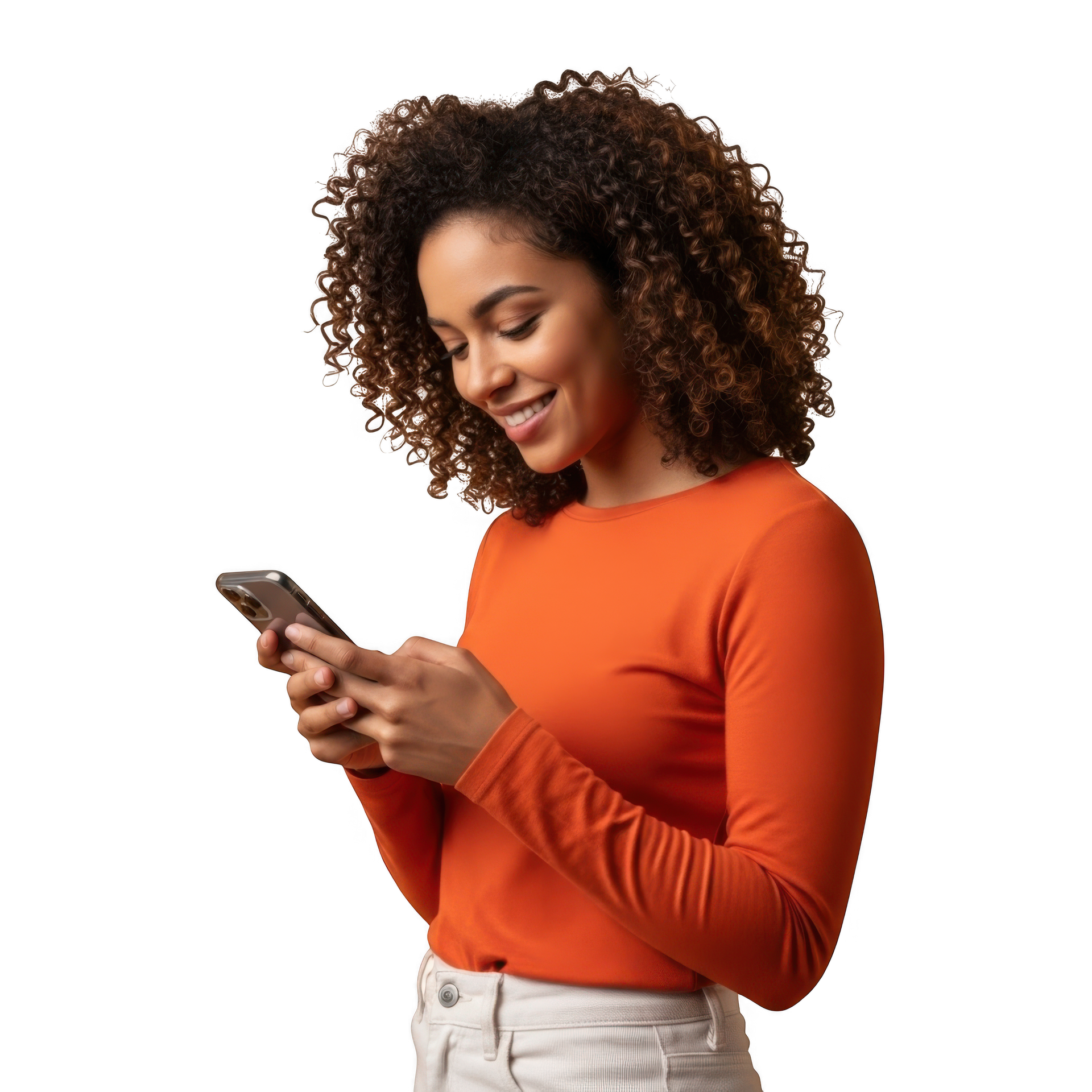 Femme en haut orange souriant en regardant son smartphone sur fond blanc