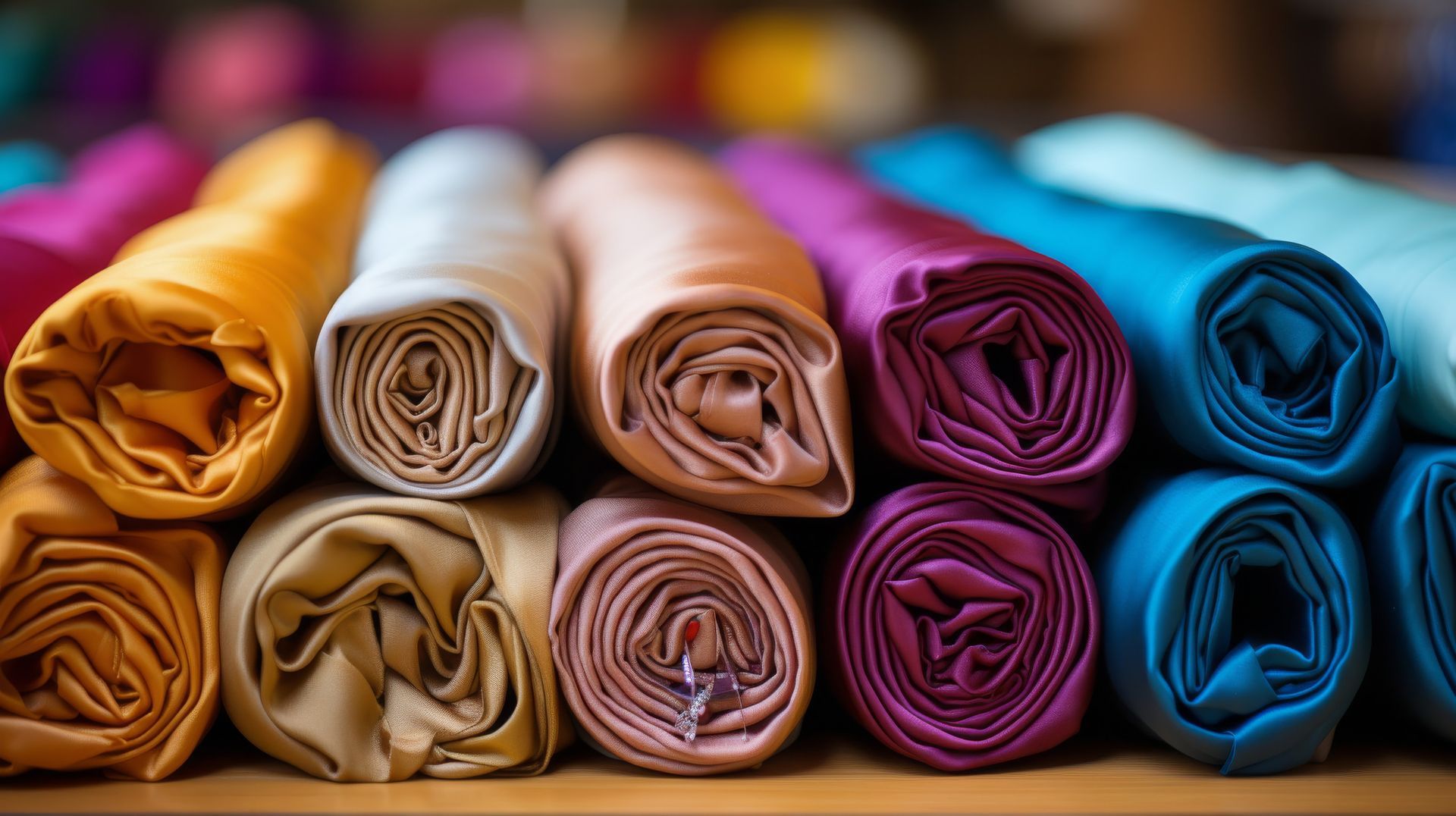 Rollos de tela de colores, incluidos dorado, rosa, morado y azul, dispuestos en fila.
