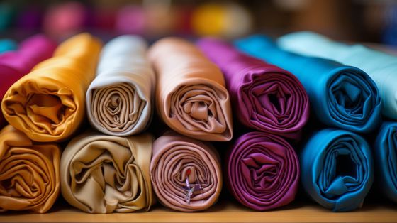 Rollos de tela de colores, incluidos dorado, rosa, morado y azul, dispuestos en fila.