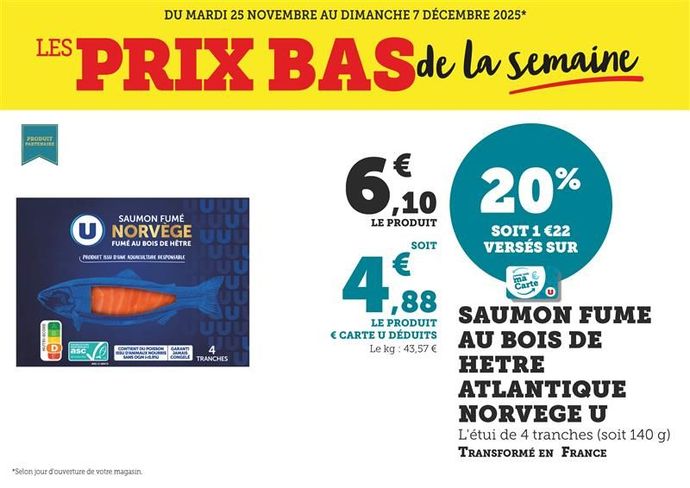 Saumon fumé au bois de hêtre atlantique Norvège U (l’étui de 4 tranches soit 140 grammes), transformé en France : 20 % soit 1,22 € versés sur la carte U. 6,10 € le produit soit 4,88 € le produit € carte U déduits. Le kilogramme à 43,57 €.