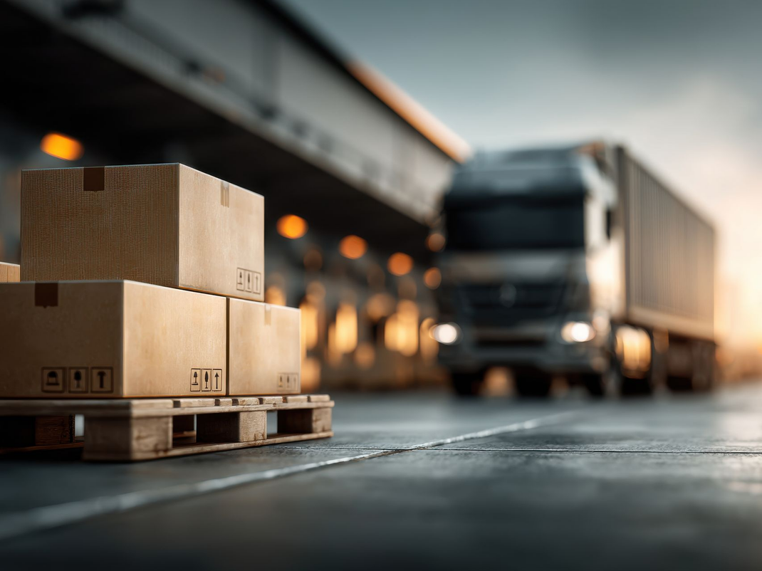 Palette de cartons dans une zone de chargement d’entrepôt, avec un camion flou en arrière-plan.