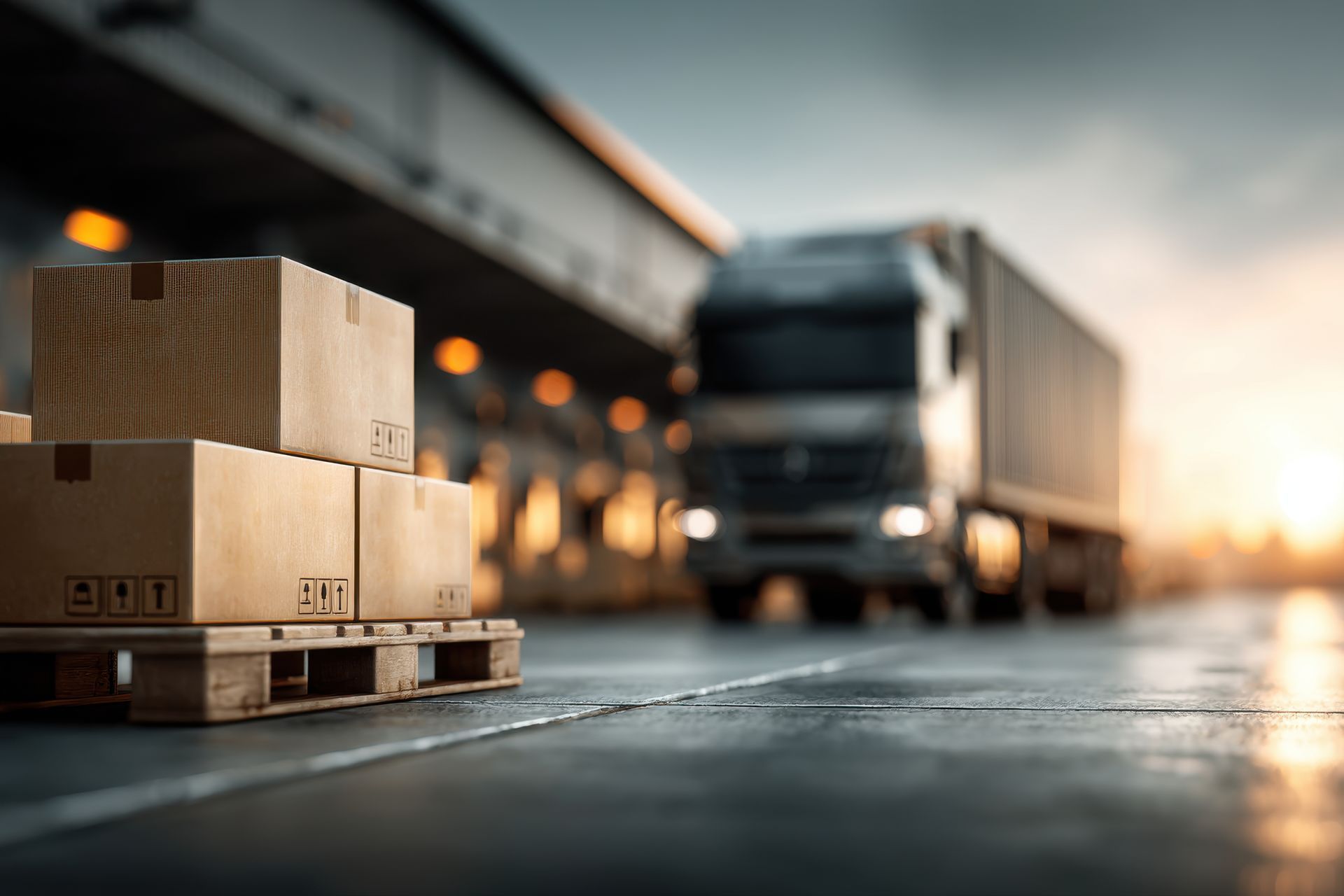 Des cartons empilés sur une palette, à côté d’un camion de fret flou sur le quai d’un entrepôt.