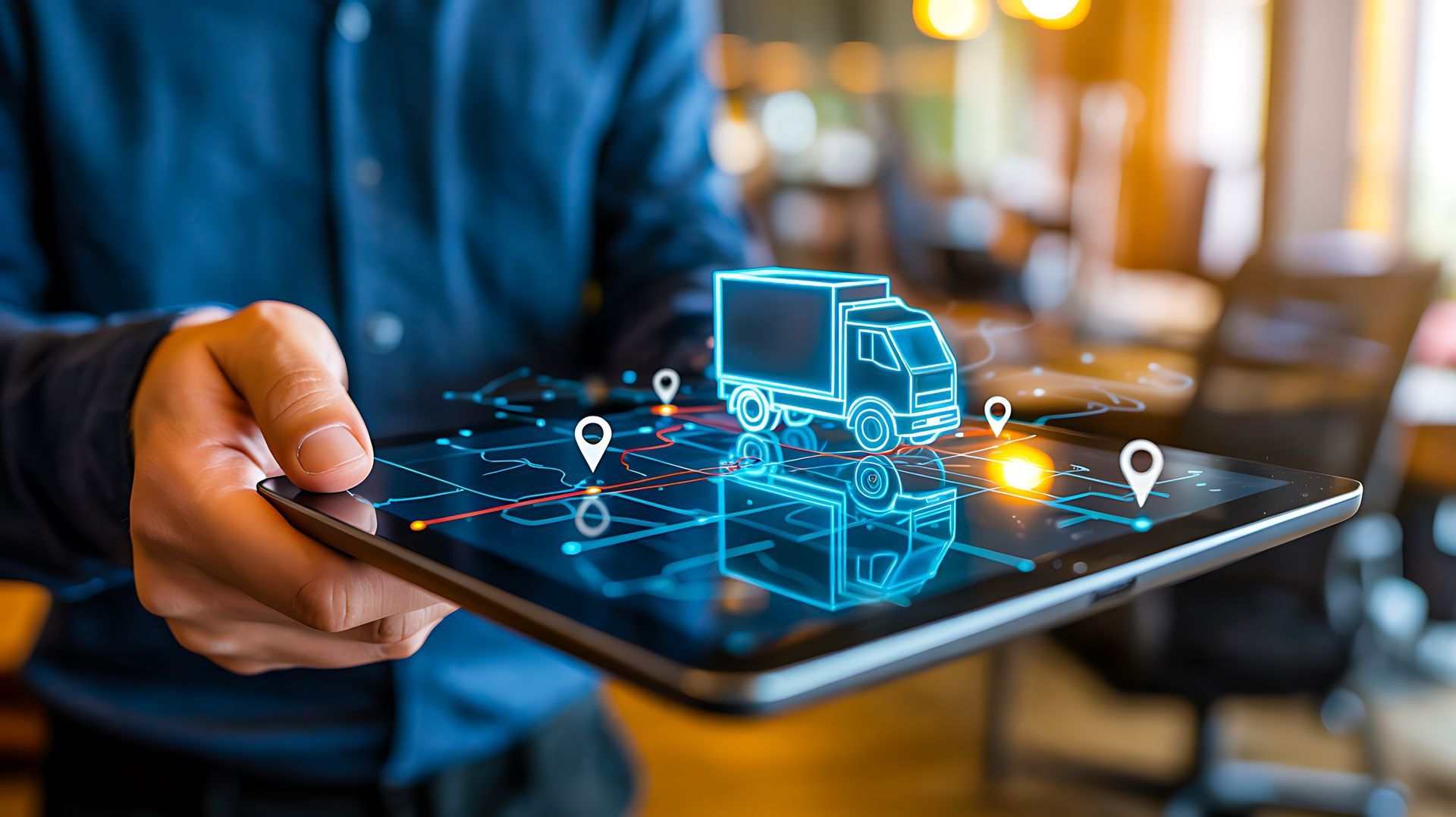 Une main tenant une tablette, avec des icônes lumineuses de réseau logistique et la silhouette d’un camion de livraison en superposition.
