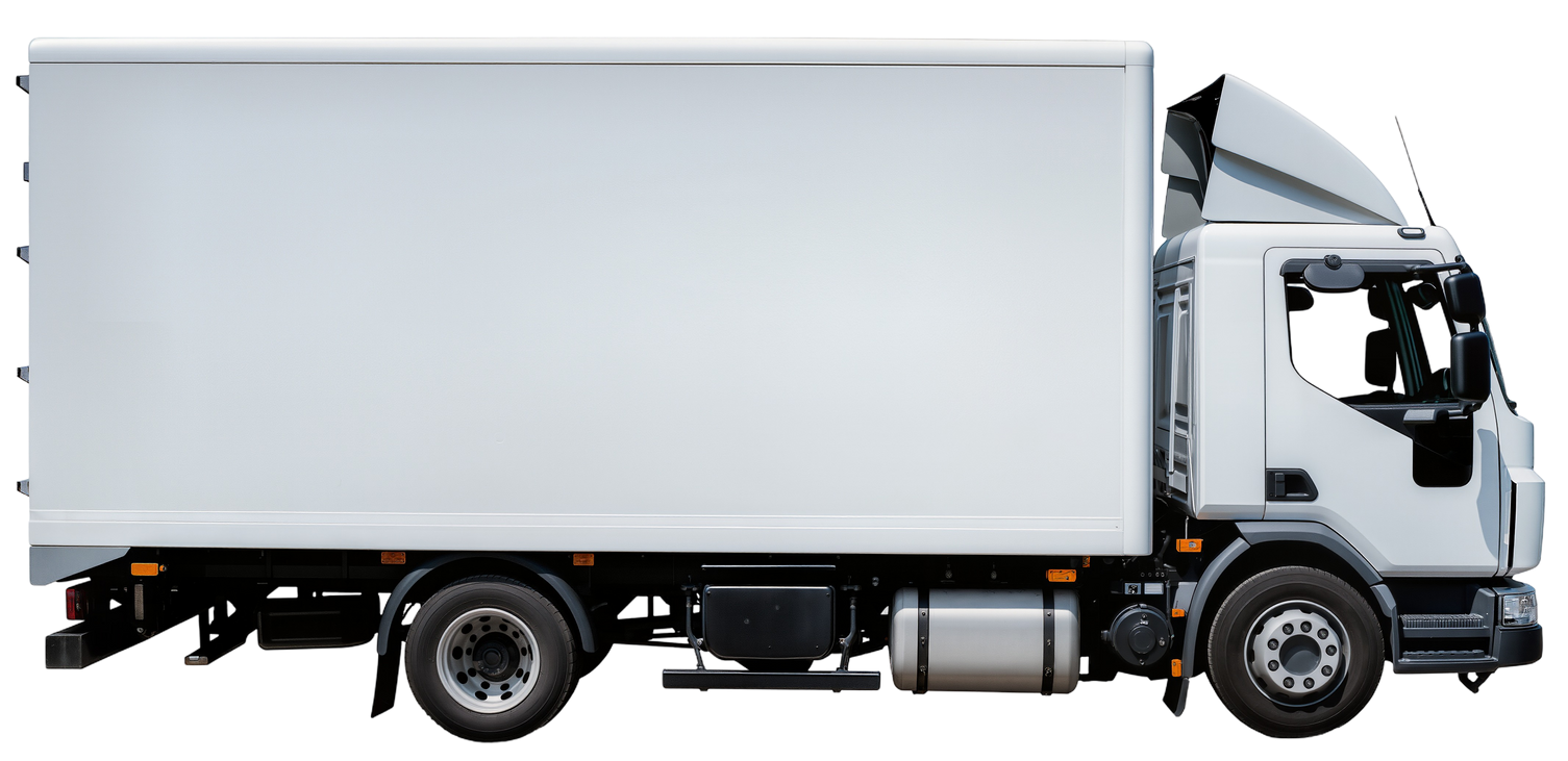 Camion fourgon blanc vu de côté.