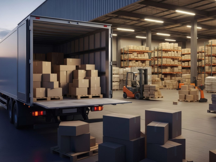 Quai de chargement d’entrepôt avec un camion ouvert, des cartons empilés et un chariot élévateur à côté de rayonnages remplis de marchandises.