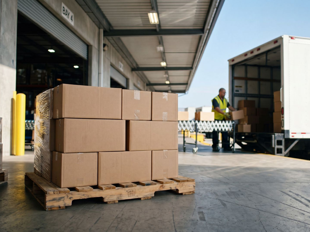 Des cartons empilés sur une palette au quai de chargement d’un entrepôt, avec un employé près d’un camion.