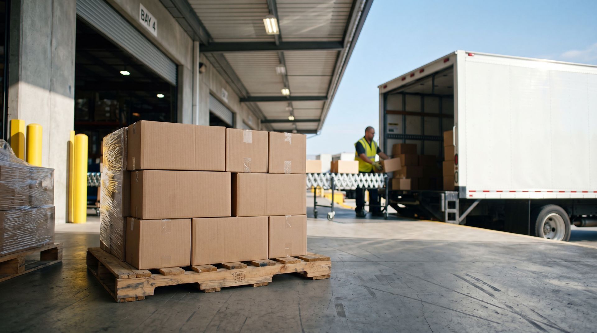 Palettes de cartons à l’extérieur d’un quai de chargement d’entrepôt, à côté d’un camion.