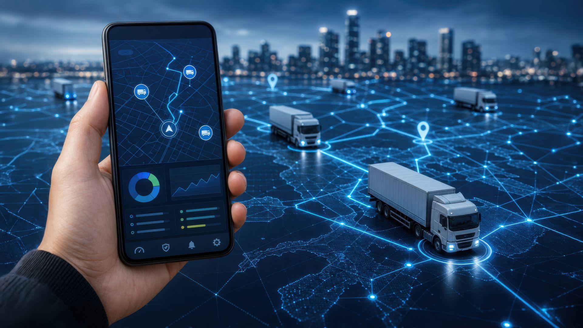 Main tenant un smartphone affichant des camions connectés sur un réseau logistique numérique.