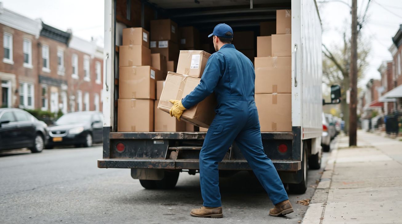 Un livreur décharge des cartons d’un camion sur le trottoir d’une rue en ville.
