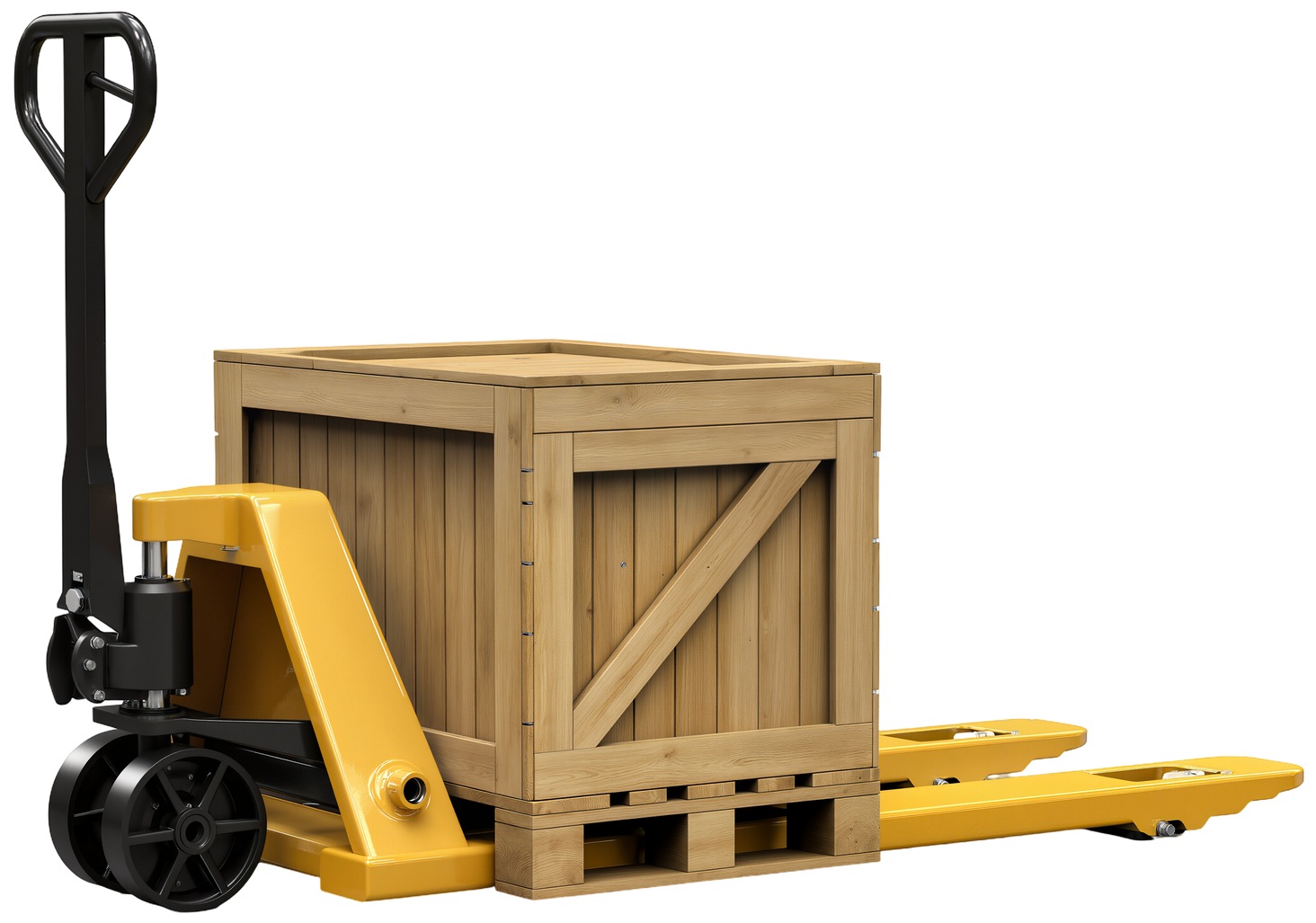 Transpalette jaune transportant une caisse en bois sur fond blanc.