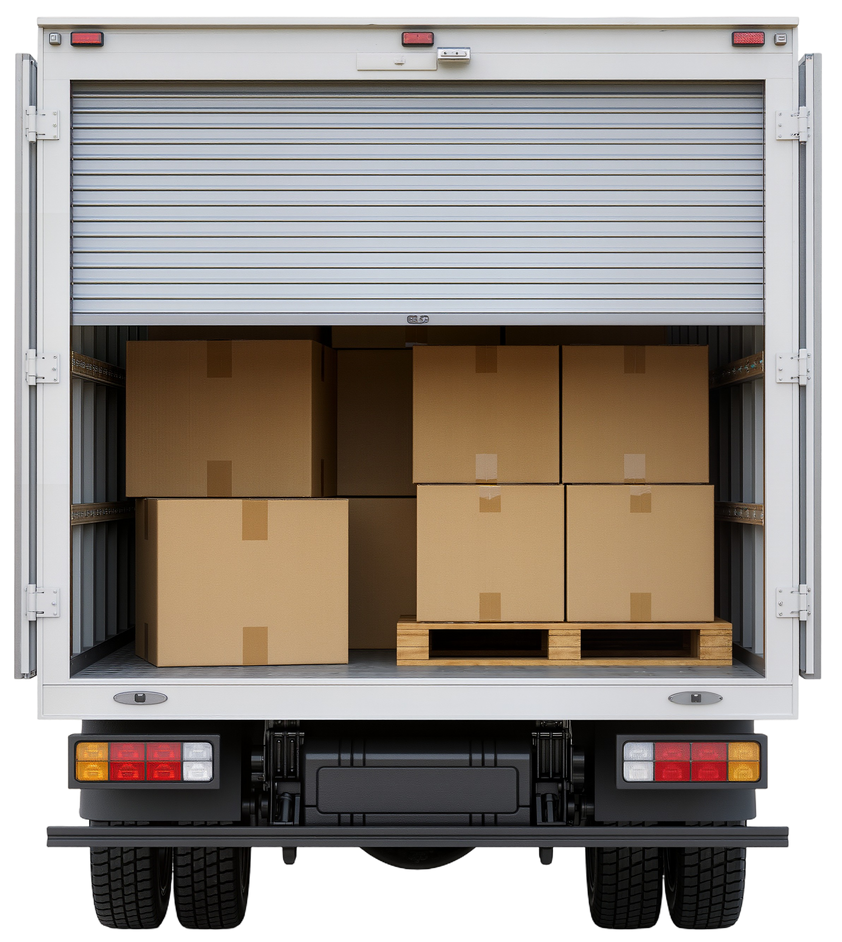 Camion ouvert avec des cartons empilés à l’intérieur, vue depuis le hayon arrière.