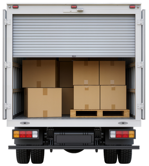 Quai de chargement pour camion, porte arrière ouverte et cartons empilés à l’intérieur.