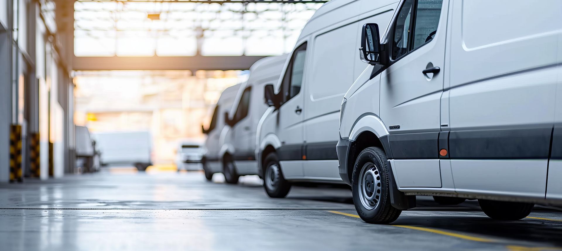 Des camionnettes de livraison blanches garées dans une zone de chargement lumineuse d’un entrepôt.