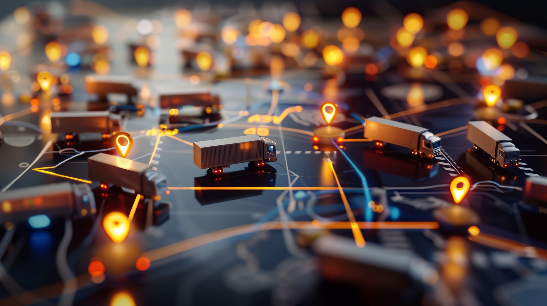 Des points lumineux connectés au-dessus d’un réseau numérique sombre, avec des repères de localisation orange.