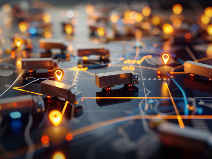 De petits camions de livraison reliés par des itinéraires orange lumineux sur une carte logistique numérique.