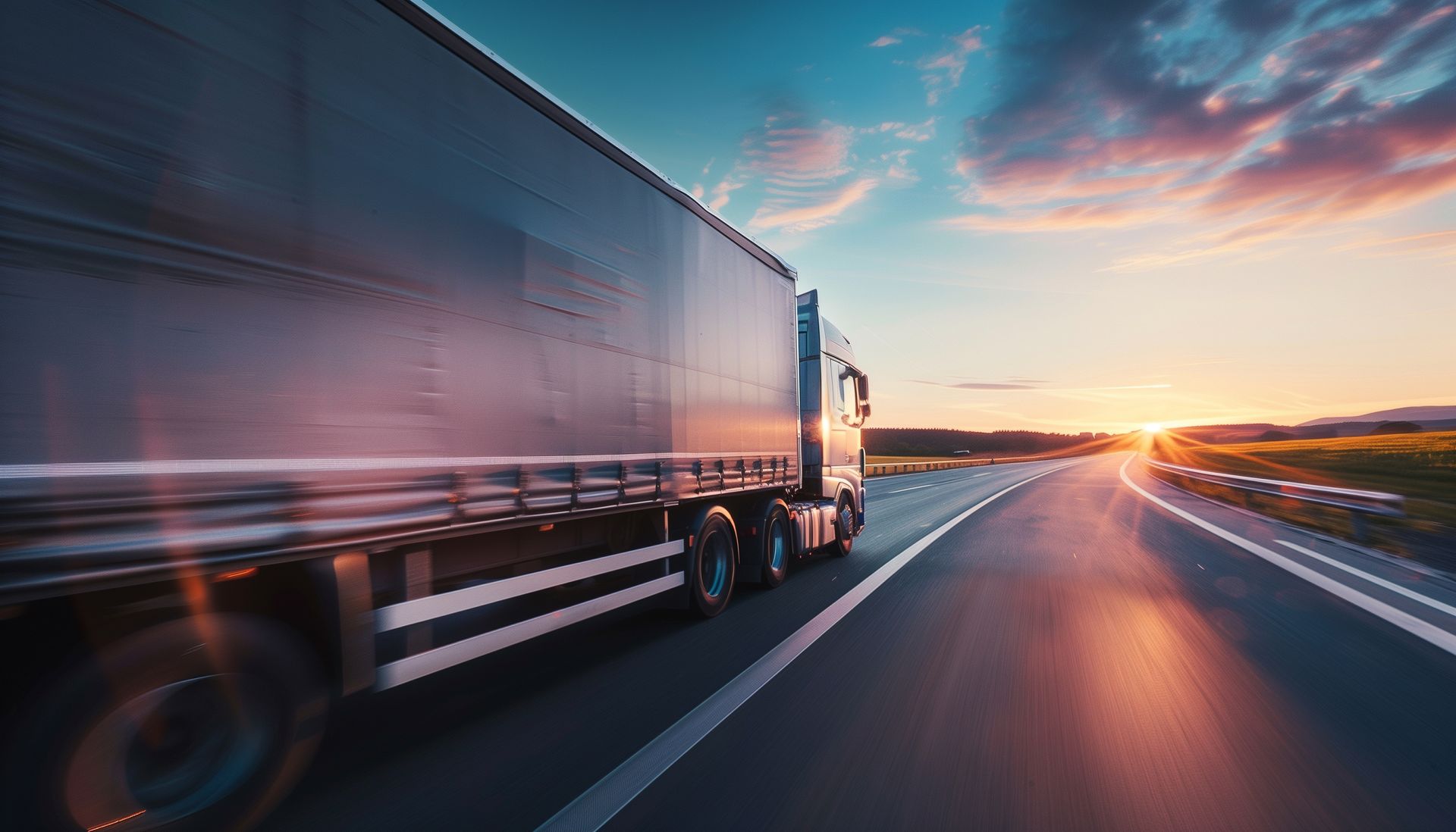 Un semi-remorque roule sur une autoroute au coucher du soleil, dans un flou de mouvement sous un ciel coloré.