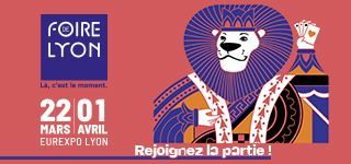 Affiche publicitaire pour la foire de Lyon avec un lion comme mascotte