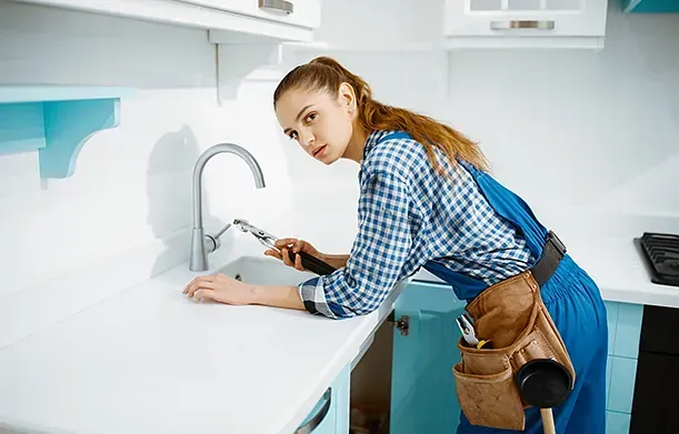 Una mujer está arreglando un fregadero en una cocina.