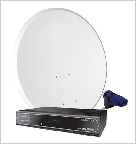 Hay una antena parabólica junto a una caja que dice 