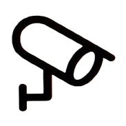 Un icono en blanco y negro de una cámara de seguridad sobre un fondo blanco.