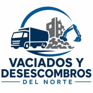 Logo of Vaciados y Descombros del Norte with truck, building rubble, and excavator in blue and gray