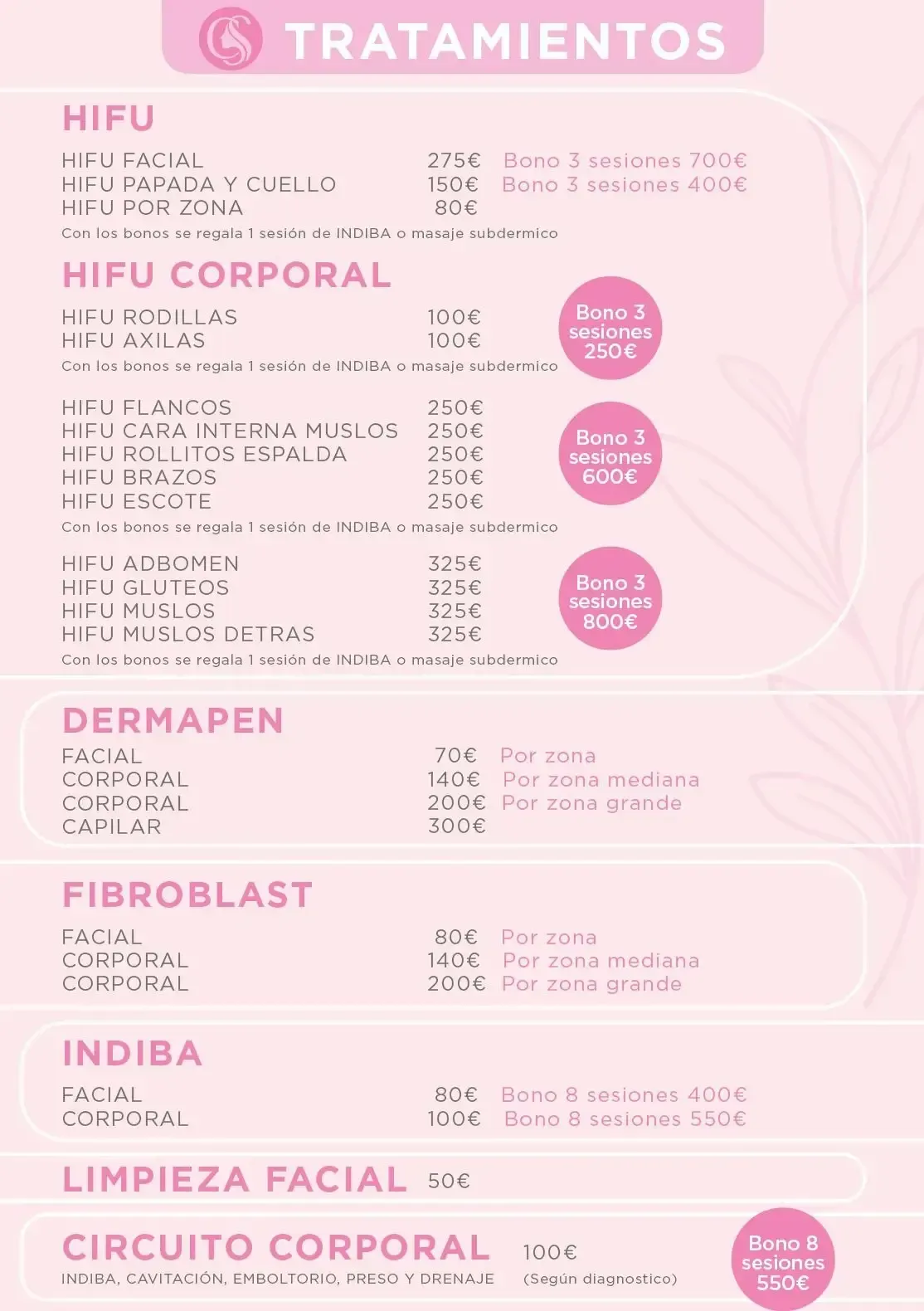 Un menú que enumera tratamientos de belleza estéticos, incluidos HIFU, Dermapen, Fibroblast, Indiba y servicios faciales.