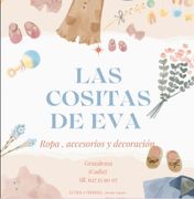 Anuncio de la tienda de ropa infantil "Las Cositas de Eva". Colores pastel, con ilustraciones de ropa y accesorios.