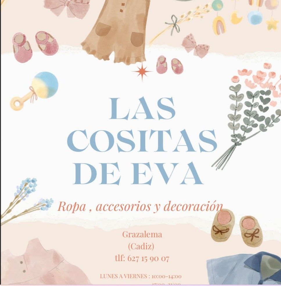 Anuncio de la tienda de ropa infantil "Las Cositas de Eva". Colores pastel, con ilustraciones de ropa y accesorios.