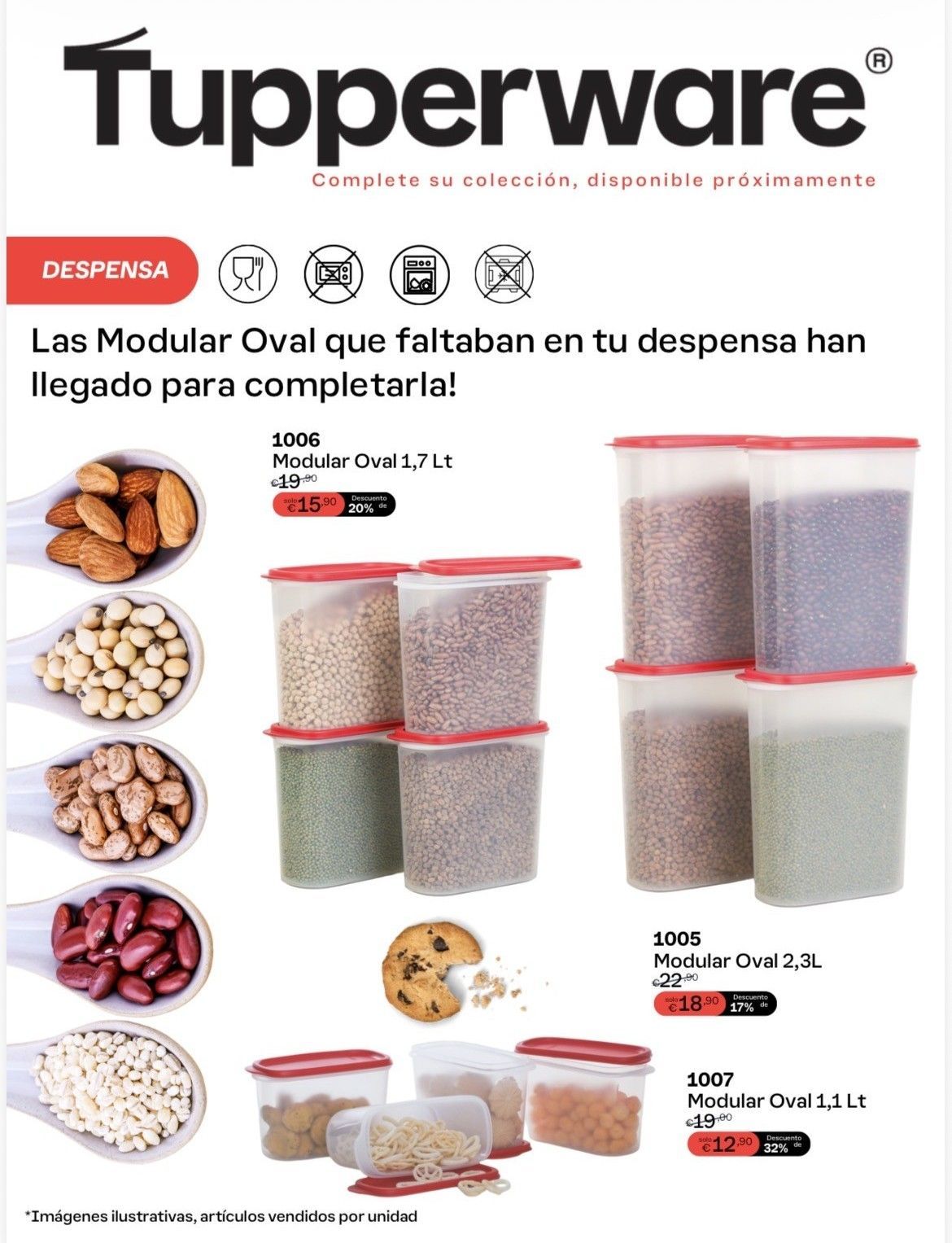 Anuncio de Tupperware para contenedores modulares ovalados. Presenta contenedores llenos de diversos alimentos, tapas rojas y texto.
