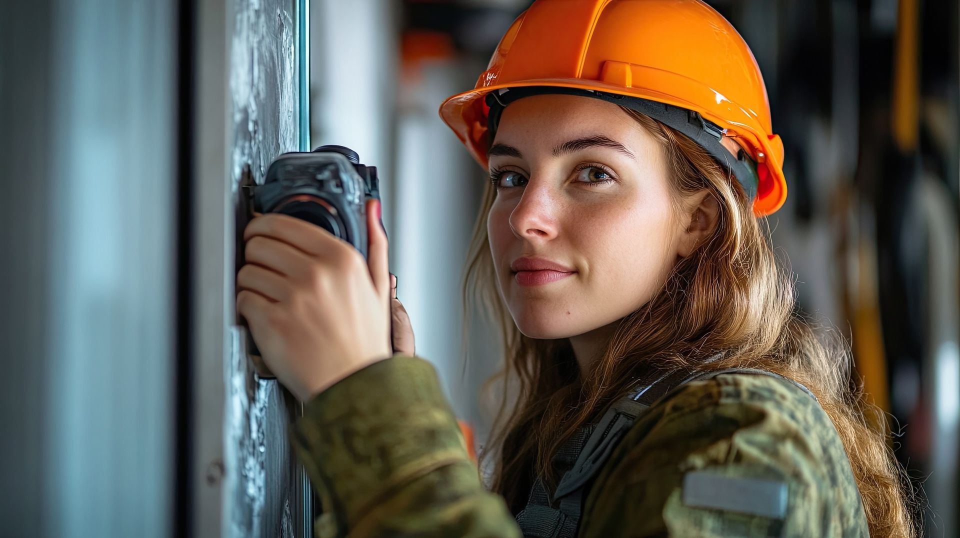 Une personne portant un casque orange et des vêtements de camouflage tient un appareil photo.