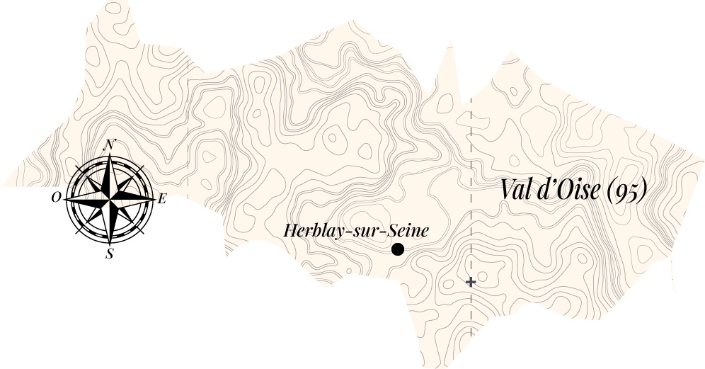 Carte du Val-d'Oise stylisée avec une rose des vents ancienne