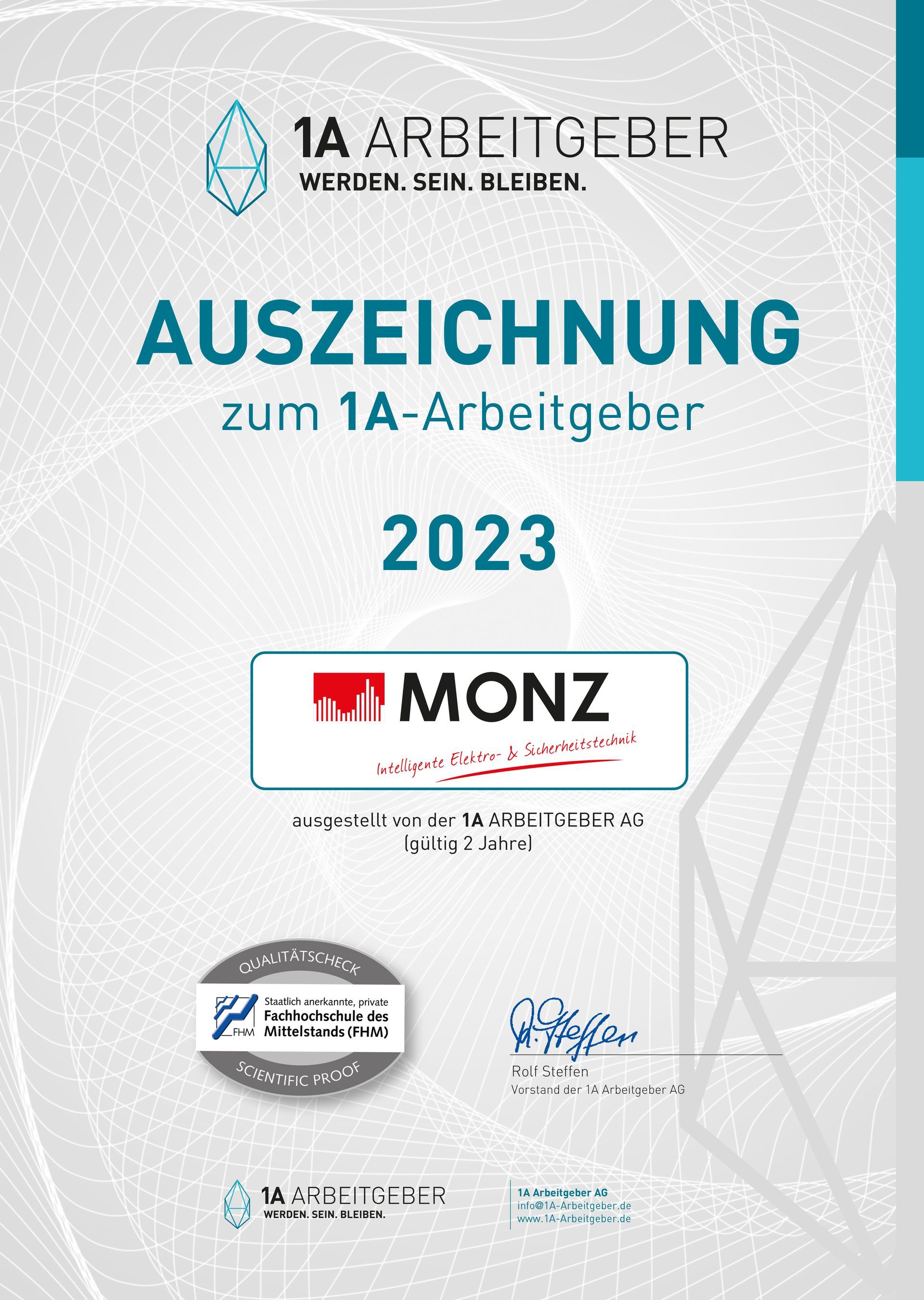A certificate that says ' auszeichnung zum 1a-arbeitgeber ' on it.