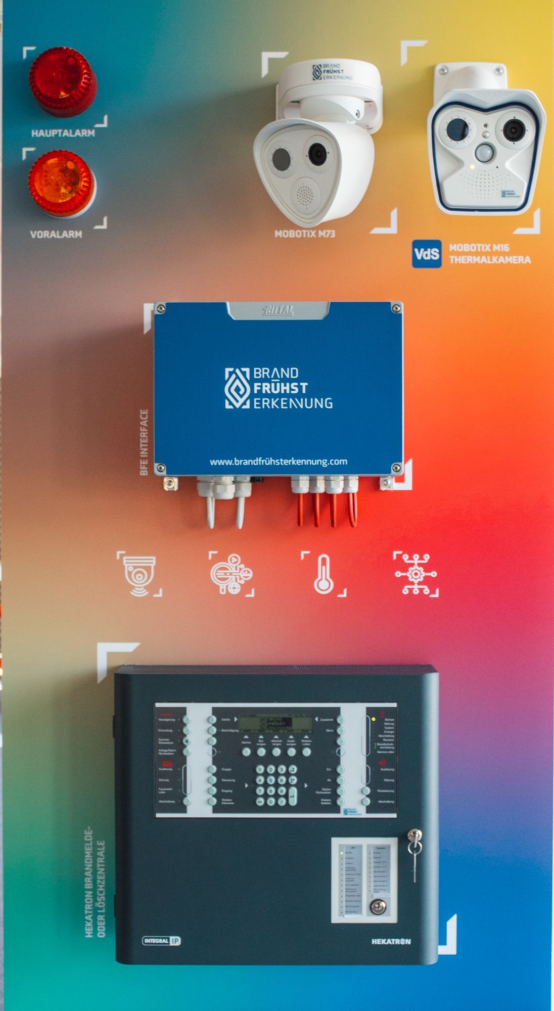 Eine bunte Wand mit einem Haufen elektronischer Geräte darauf