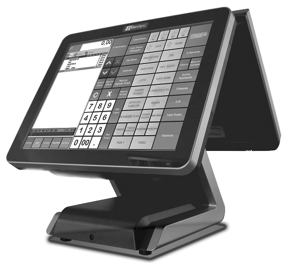 Un terminal de point de vente moderne à double écran noir, posé sur un support, affichant une interface tactile avec un clavier.